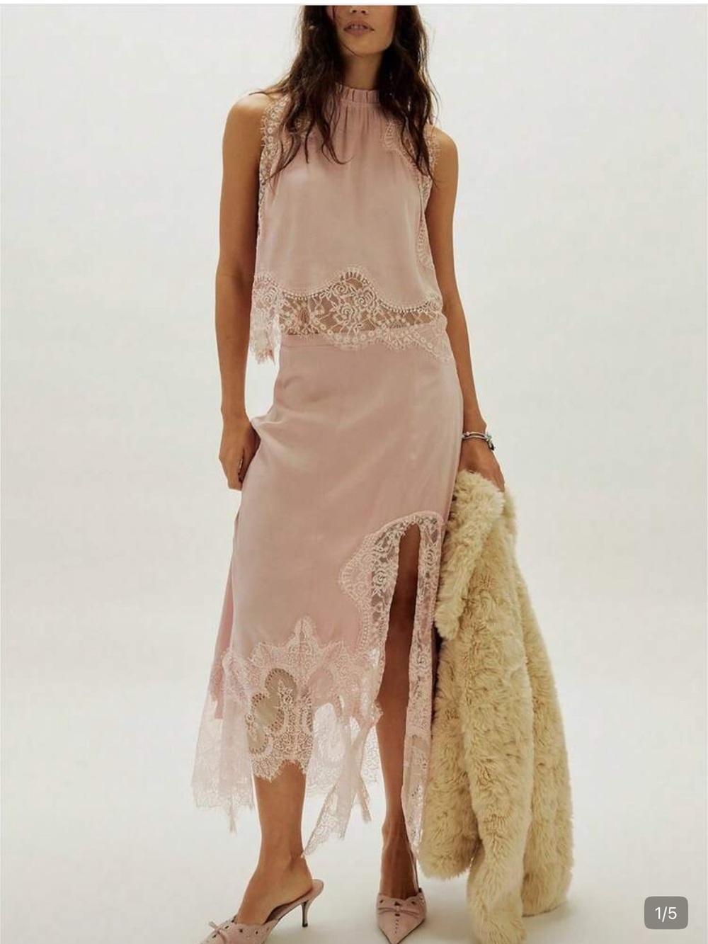 SHEIN Blush Pink Lace-Trim Midi Slip Dress